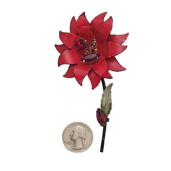 Francois Red Enamel Rhinestone Metal Stemmed Flower Brooch, Signed E957 - Picture 10 of 13
